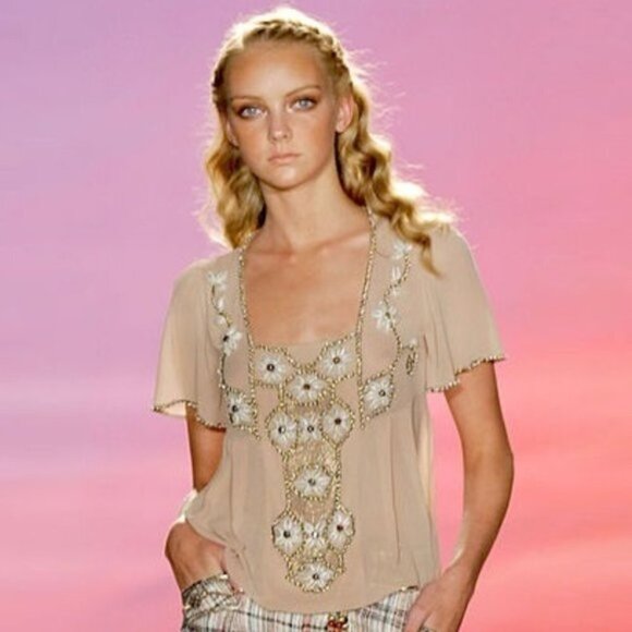 Designer Matthew Williamson Beaded Flounce Sleeve Sea Shell Top b84 - Picture 5 of 16